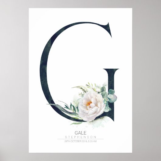 G Letter Monogram Witte Bloemen en Groene Planten Poster (Voorkant)