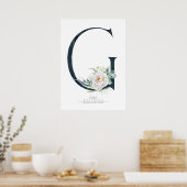 G Letter Monogram Witte Bloemen en Groene Tinten Poster (Keuken)
