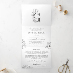 'G' Monogram Beauful Sketched Floral Wedding Drieluik Uitnodiging