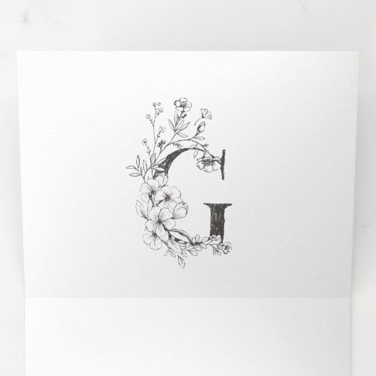 'G' Monogram Beauful Sketched Floral Wedding Drieluik Uitnodiging (Binnenzijde eerst)