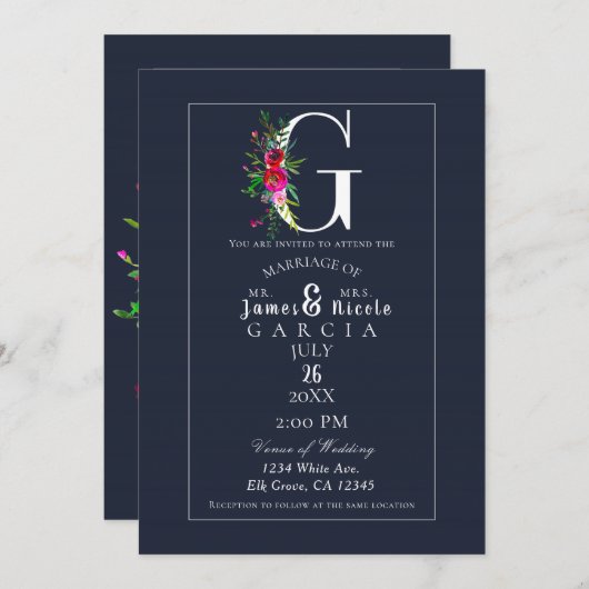 G Monogram Laatste Initiaal Modern Blauw Bloem Bru Kaart (Voorkant / Achterkant)