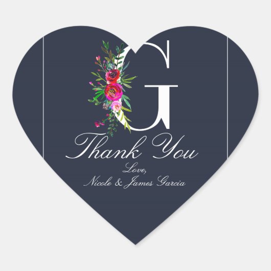 G Monogram Laatste Initiaal Modern Blauw Bloemen B Hart Sticker (Voorkant)