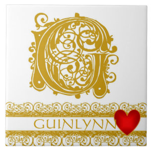 G Monogram Naam Gold Lace Red Heart Sjabloon Tegel Tegeltje