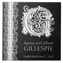 G Monogram "White Lace on Black" Wedding Tegel Tegeltje