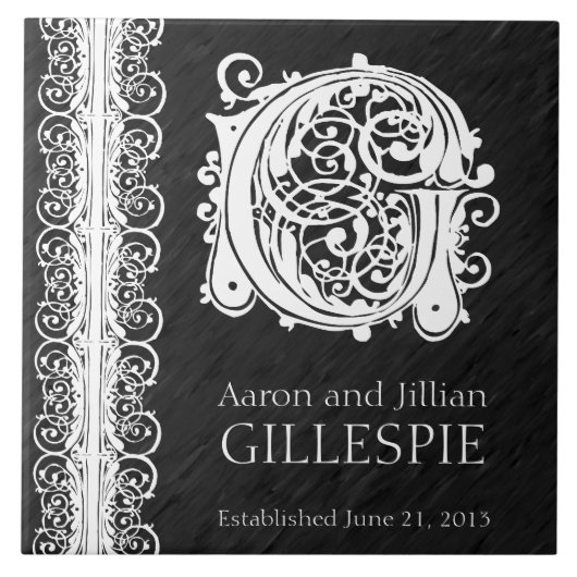 G Monogram "White Lace on Black" Wedding Tegel Tegeltje (Voorkant)