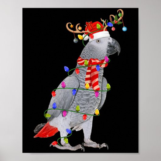 G Parrot Bird Kerstverlichting Rendier Santa Hat Poster (Voorkant)