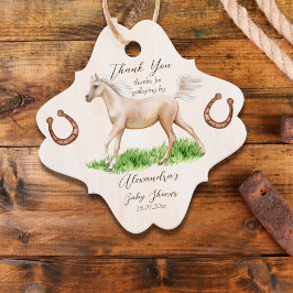 Ga baby door met beige baby shower van paardenfokk bedankjes labels