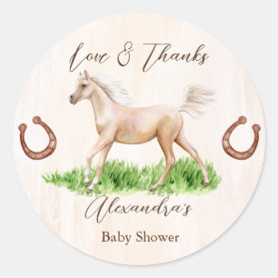 Ga baby door met beige baby shower van paardenfokk ronde sticker