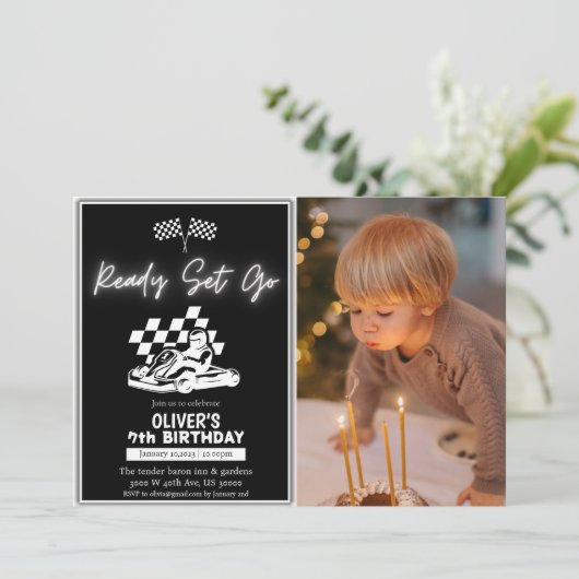 Ga karten, raceauto jongen foto verjaardag kaart (Staand voorkant)