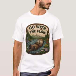 Ga met de stroom Otter Geborduurd Lapje T-shirt