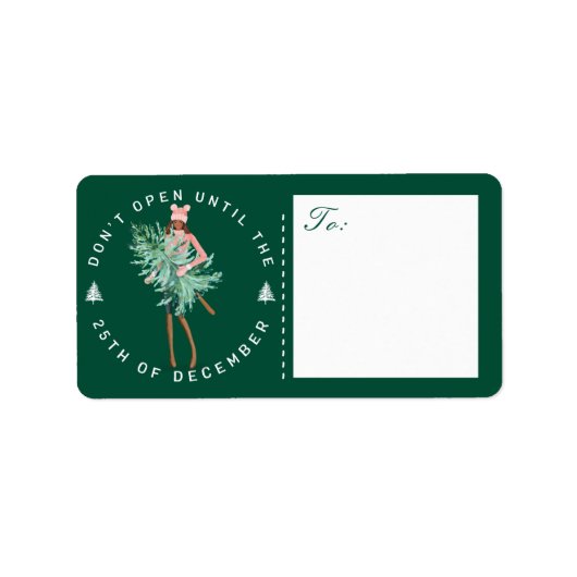 Ga niet open tot het kerstmeisje de boom vasthoudt etiket (Voorkant)