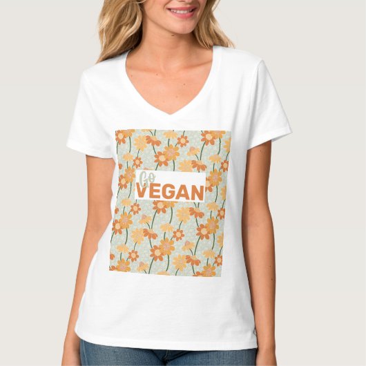 Ga Vegan!  retro muted 1970s bloemen T-shirt (Voorkant)