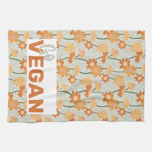 Ga vegan!  retro muted 1970s bloemen theedoek (Horizontaal)