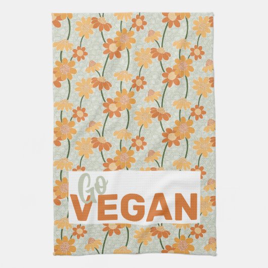 Ga vegan!  retro muted 1970s bloemen theedoek (Verticaal)