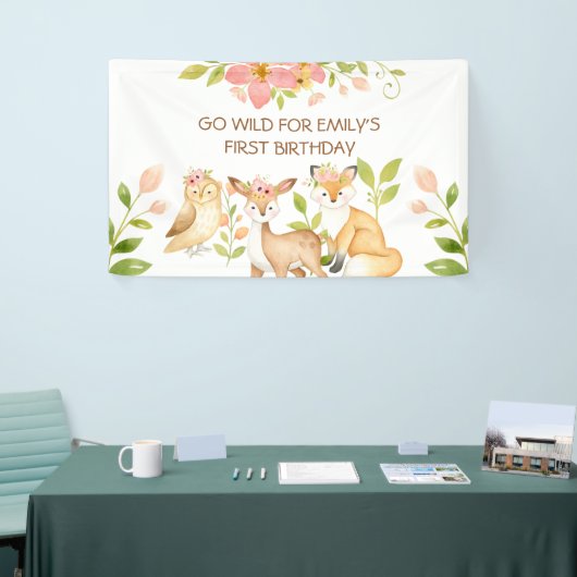 Ga Wilde 1e Verjaardag Bosdieren Slagbanner Spandoek (Beurs)