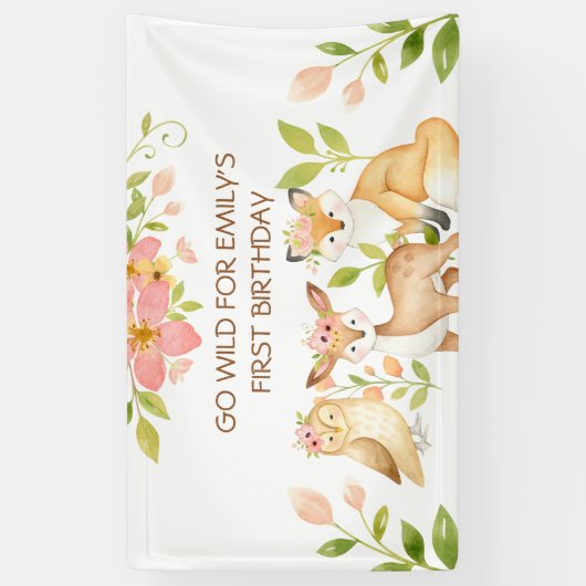 Ga Wilde 1e Verjaardag Bosdieren Slagbanner Spandoek (Verticaal)