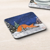 Gaaiende vos op een winternacht. bier onderzetter (Linkerzijde)