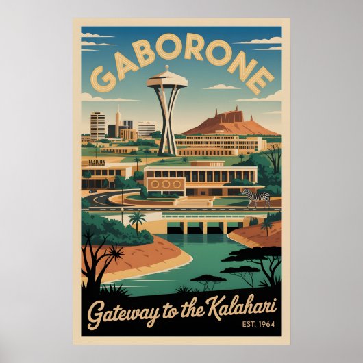 Gaborone Botswana Retro Reisposter Kunst Poster (Voorkant)