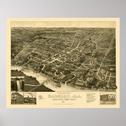 Gadsden, AL Panoramic Map - 1887 Poster (Voorkant)