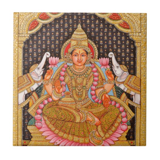 GAJA LAKSHMI INTRICATE TANJORE PAINTING {SOUTH IND TEGELTJE (Voorkant)