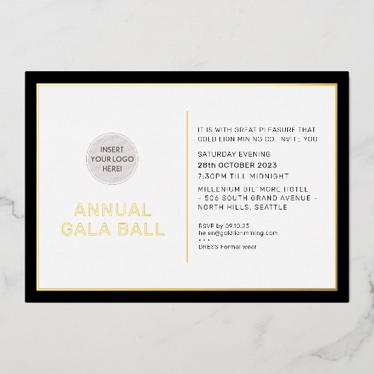 GALA BALL logo modern minimaal zwart stropdas goud Folie Uitnodiging (Voorkant)