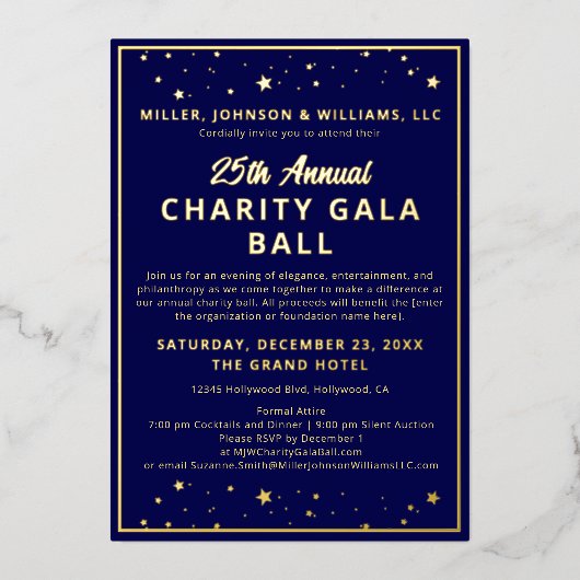 Gala Ball Silent Auction Elegant Navy Blue Gold Folie Uitnodiging (Voorkant)