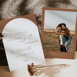 GALA Burnt Oranje Boho Arch Star Save the Date Kaart