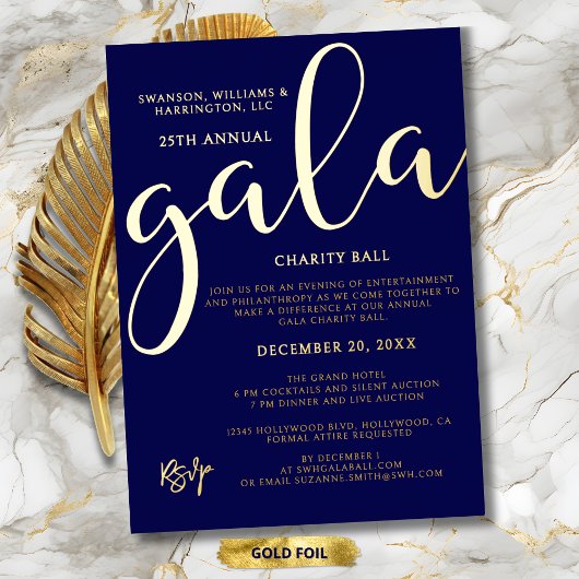 Gala Event Charity Fundraiser Elegant Blue Gold Folie Uitnodiging