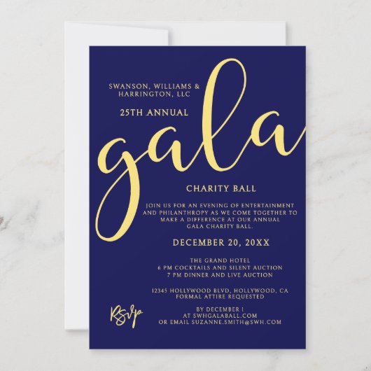 Gala Event Charity Fundraiser Elegant Blue Gold Kaart (Voorkant)