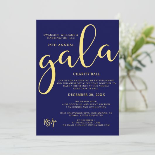 Gala Event Charity Fundraiser Elegant Blue Gold Kaart (Staand voorkant)