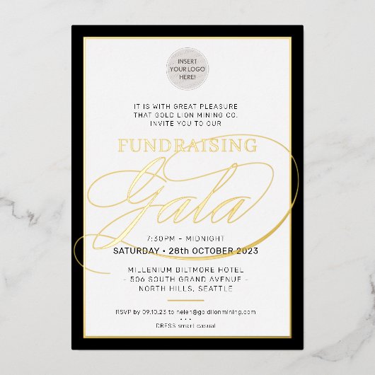GALA FUNDRAISER modern logo calligrafie zwart goud Folie Uitnodiging (Voorkant)