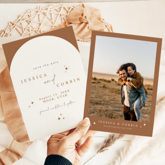 GALA Terracotta Boho Arch Celestial Save the Date Kaart