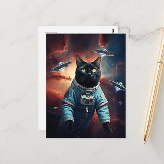 Galactic Cat Astronaut Briefkaart (Voorkant / Achterkant in situ)