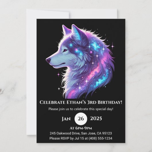 Galactic Glow Wolf Birthday Invitation Kaart (Voorkant)