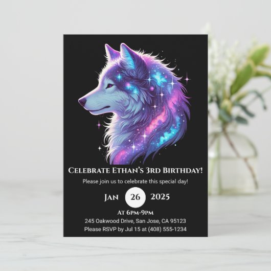 Galactic Glow Wolf Birthday Invitation Kaart (Staand voorkant)
