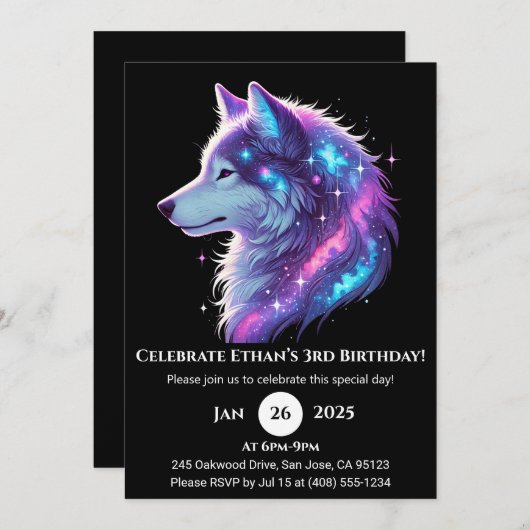 Galactic Glow Wolf Birthday Invitation Kaart (Voorkant / Achterkant)