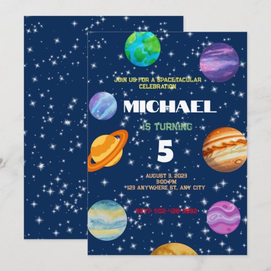 Galactic Planets Verjaardagsfeestuitnodiging Feestdagenkaart (Voorkant / Achterkant)