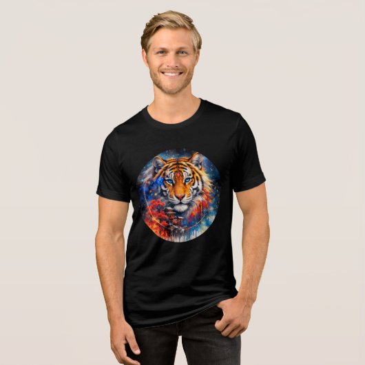 Galactic Tiger with Temple and Cherry Blossoms Tri-Blend Shirt (Voorkant volledig)