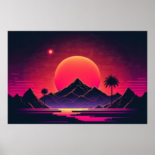 Galactic Vista: Neon Mountain Oasis Poster (Voorkant)