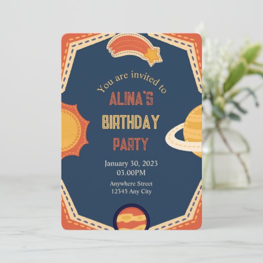 Galactisch kind verjaardagsuitnodiging kaart (Staand voorkant)