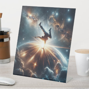 Galactische breakdance explosie in de ruimte reclamebord met voetstuk