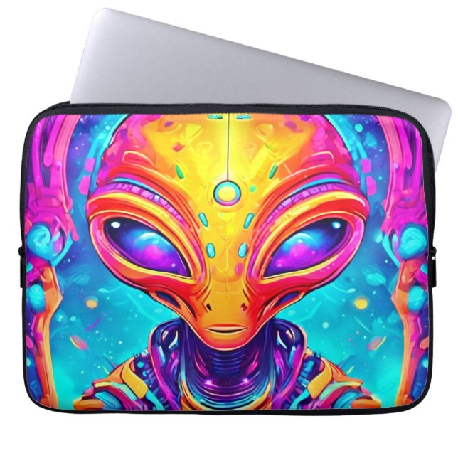 Galactische Cyborg Alien met Neon Glow Laptop Sleeve (Voorkant)