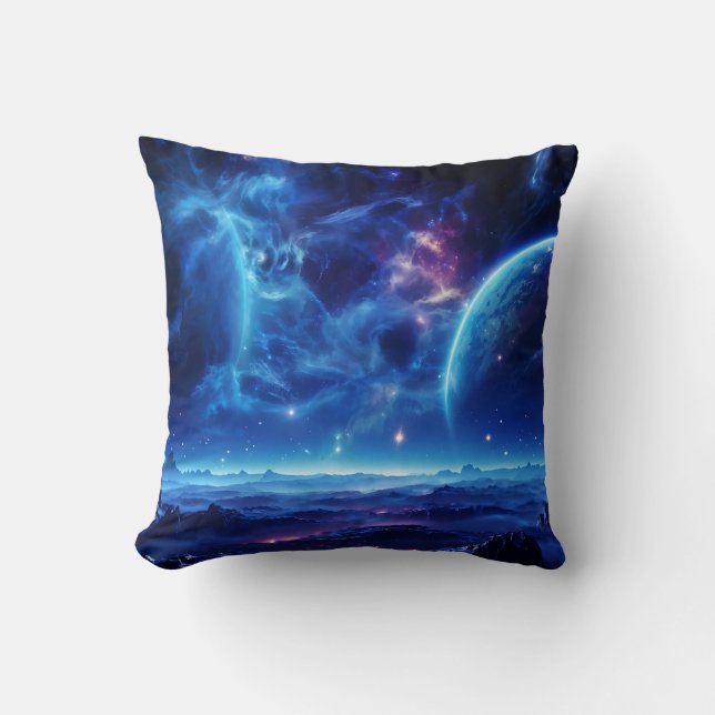 Galactische Oase: Blauwe Nebula Stellar Landschap Kussen (Voorkant)