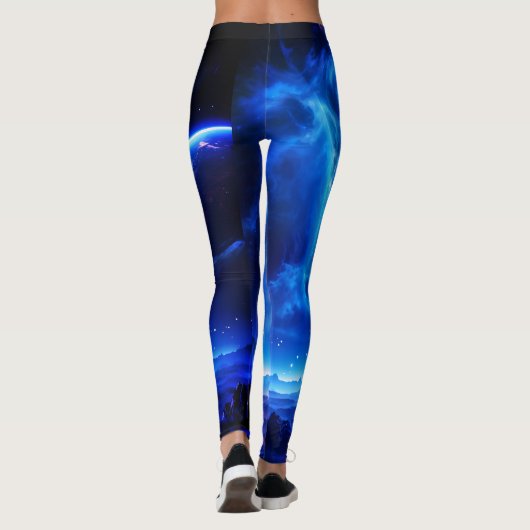 Galactische Oase: Blauwe Nebula Stellar Landschap Leggings (Achterkant)