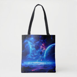 Galactische Oase: Blauwe Nebula Stellar Landschap Tote Bag