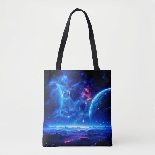 Galactische Oase: Blauwe Nebula Stellar Landschap Tote Bag (Voorkant)