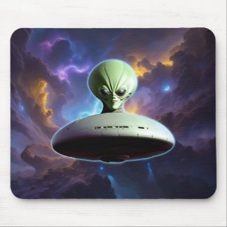 Galactische Ontmoeting: Groene Alien Head UFO Avon Muismat