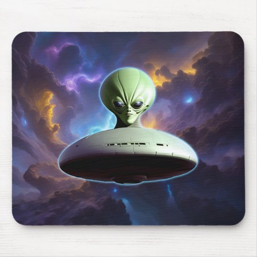 Galactische Ontmoeting: Groene Alien Head UFO Avon Muismat (Voorkant)