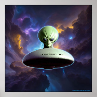 Galactische Ontmoeting: Groene Alien Head UFO Avon Poster