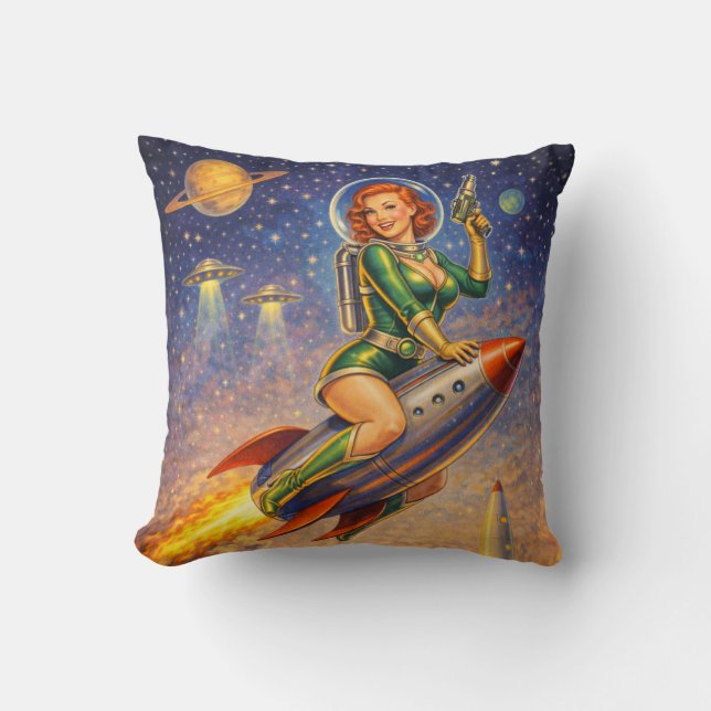 Galactische Pin-Ups Retro Sci-Fi Kussen (Voorkant)